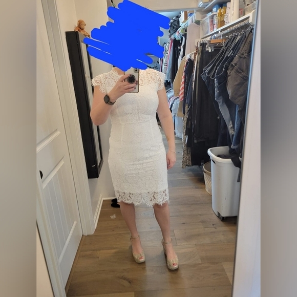 Solid FloralPrint Lace Trimed Bodycon Overlay Mini Dress White - Picture 10 of 12